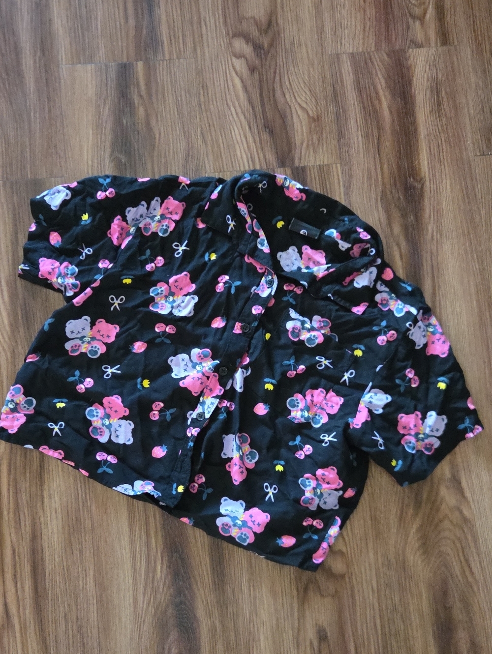 ALAB Black Cropped Button-Front Top with Pink & White Teddy Cherry Skull Print